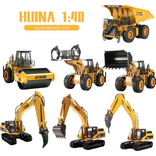 HUINA 1:40 Alloy Diecast Excavator Engineering Construction Model Bulldozer Metal Truck Boys Birthday Gift Cars Christmas Toys