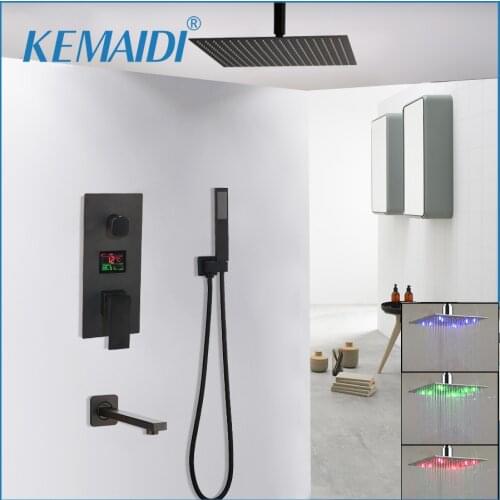 KEMAIDI 3-way & 2 way Black Shower Faucets Set Rainfall Shower Head Digital Temp Display Mixer Tap Swivel Tub Spout Bath Shower