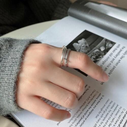 INS Authentic S925 Sterling Silver FINE Jewelry Rows Multi-layered Lines ring Double Loop interlock Rings Adjust TLJ1013