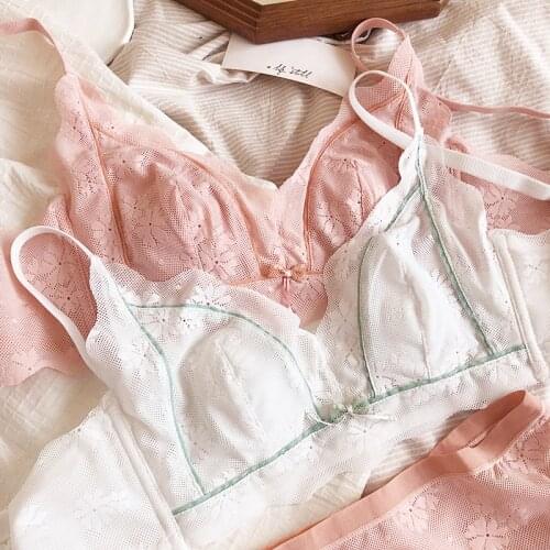 Wriufred Contrasting color thin bralette briefs suit no steel ring big breasts small gathers breastfeeding underwear bras sets