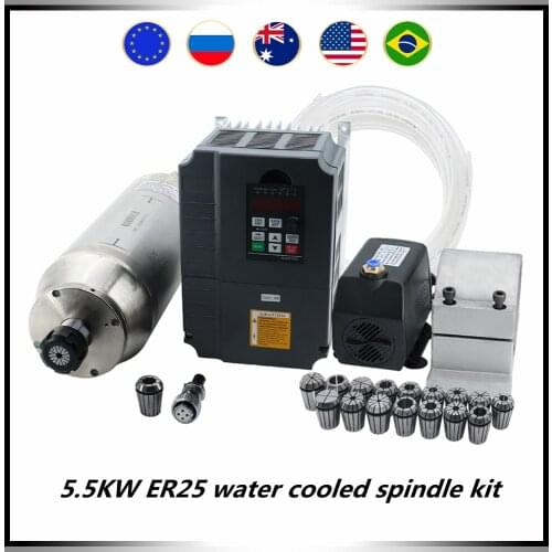5.5KW ER25 water cooled spindle kit 18000-24000rpm spindle motor +7.5kw inverter + water pump +125mm mount+ 16 pcs ER25 collets