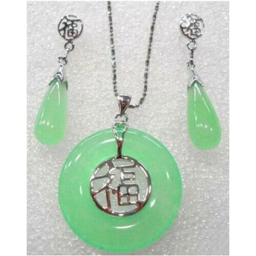 Ladies Jewelry Set Green Jade Gmestone Necklace Earrings Set