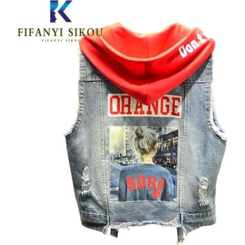 Spring Denim Vest Women Hooded Sleeveless Jacket Fashion Print Jeans Vest Short Coat Female Loose Waistcoat Denim Jacket Vests