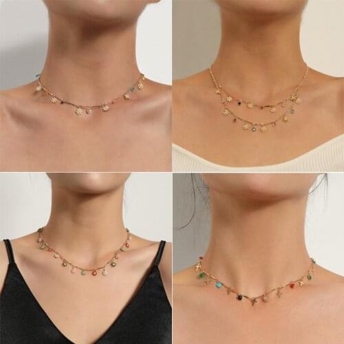Trendy Metal Geometric Necklaces Womens Classic Neck Chain Color Daisy Flowers Single Double Layer Necklaces Jewelry for Girls
