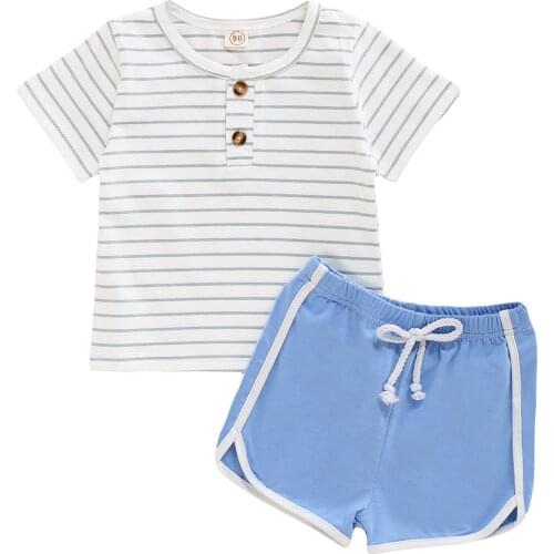 New 2Pcs Toddler Summer Streetwear, Stripe Henley Neck Short Sleeves T-Shirt + Splicing Color Shorts for Boys, Girls, 1-5 Years