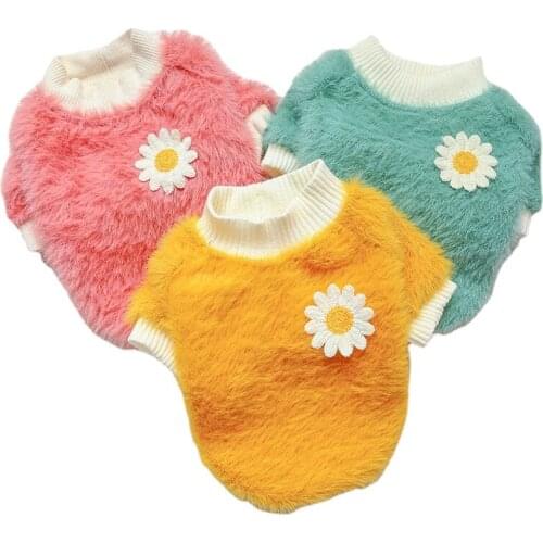 Autumn/winter Dog Clothes Teddy Plush Vest Jacket Thicken Warm Round Collar PuppyT-shirt Cat Pink Coat Flower Daisies Costume