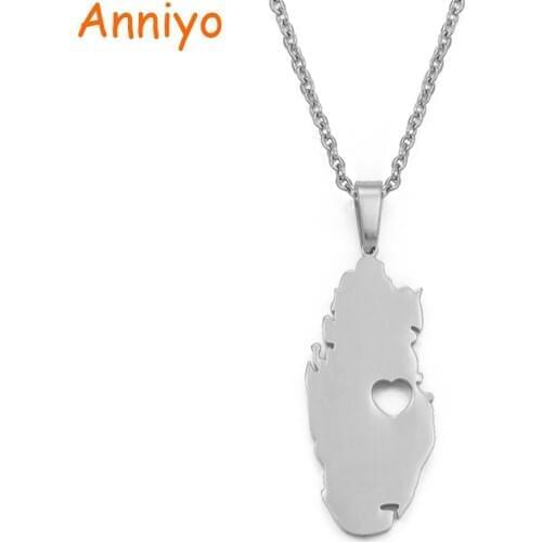 Anniyo Silver Color Stainless Steel Qatar Map Pendant Necklaces for Women Qataris Maps #027221B