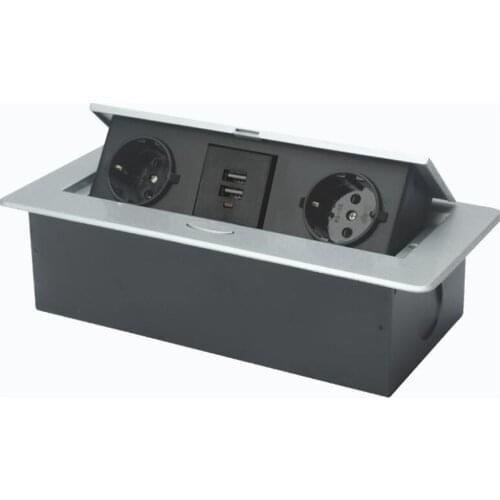 16A Zinc Alloy Plate 16A Slow POP UP 2 Power EU Socket Dual USB Charge Port 2.1A Office Table Desktop Outlet Black Steel Box