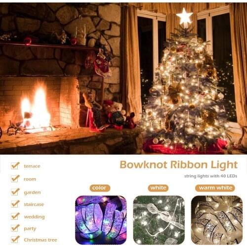 Waterproof LED Ribbon Bows for Christmas Tree Decor Fairy String Lights Bowknot Wedding Home Indoor Decoration