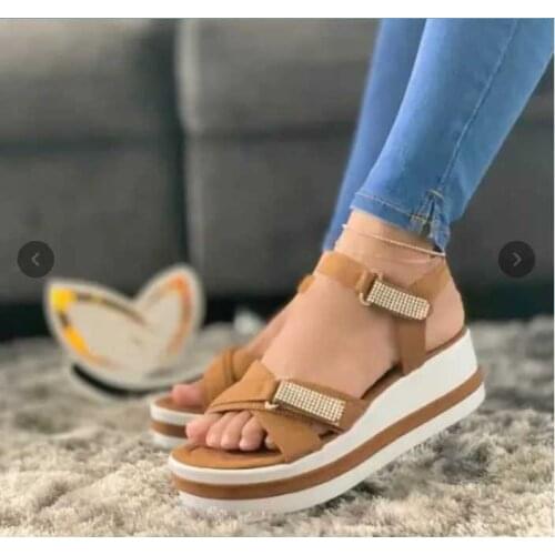 2021 Women Wedges Shoes Fashionable and Comfortable Rhinestone Velcro Design Platform Casual Sandals 1kb143