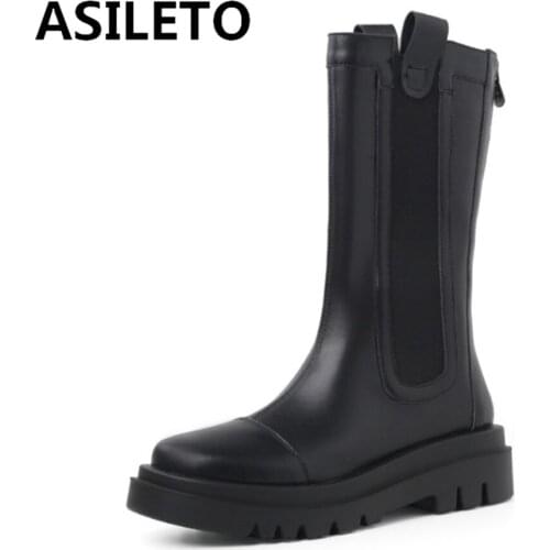 ASILETO Ins Real Leather Women Midcalf Boots Fashion Platform Warm Fur High Heel Winter Shoes Woman Casual Footwear Size 34-43
