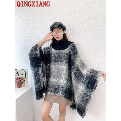 6 Colors 2021 Plus Size Women Striped Long Pullover High Neck Loose Sweater Autumn Outer Street Cloak Knitted Tassel Poncho