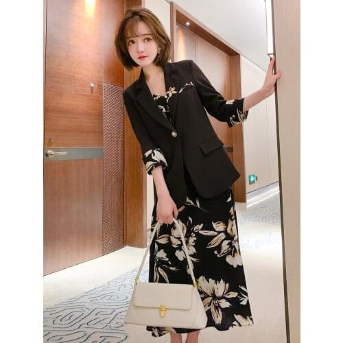 Printed cuffs stud bead button suit coat+Two piece womens dress with lotus leaf hem suspender skirt 2021 High Top Quality