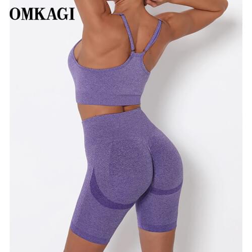 OMKAGI Gym Set Yoga Set Women Sports Bras Short Yoga Pants 2 Piece Solid High Waist Tummy Control Workout Clothes for Women
