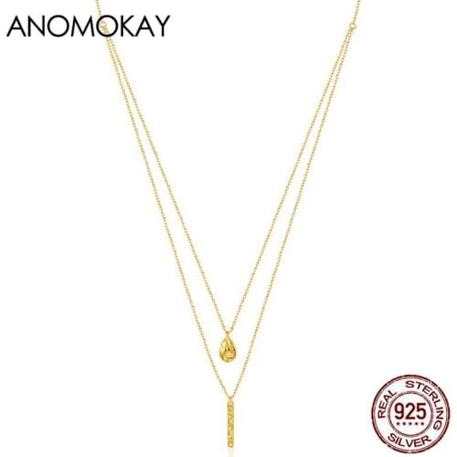 Anomokay Trendy Two Layer Water Drop Long Pendant Gold Color Sweater Chain Necklace for Women Real 925 Sterling Silver Necklace