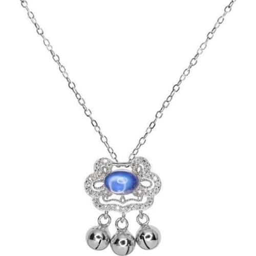 Moonstone longevity lock necklace female Korean version of simple bells wishful lock design sense ins temperament clavicle chain