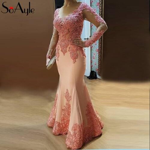 SoAyle Lace Evening Dress 2019 Mermaid Long Sleeves Beading Crystals Luxury Prom Gowns for Women robe de soiree