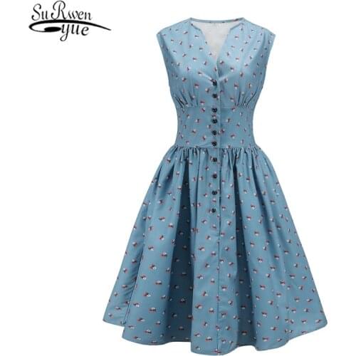 2021 New Summer Plus Size S-4XL Women Dress Single Row Button Printed V-Neck Sleeveless High Waist Vintage Dress Elegant