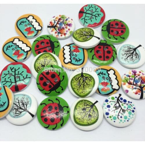 100pcs 20mm Mix Tree Ladybugs Ladybirds Printed Wood Buttons 2 Holes Contryside Rural Style Baby Sewing Button Embellishments