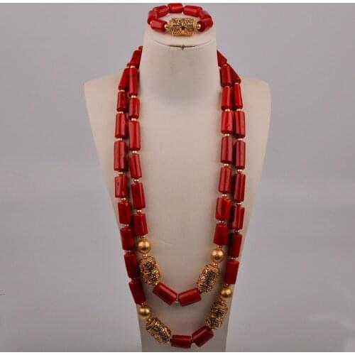 32inches Long Necklace Red Coral Beads Jewelry Set for Groom African Jewelry Set Nigerian Wedding Men Jewelry Sets