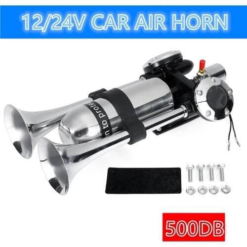 500DB 12V/24V Dual Trumpet Electric Horn Loud Chrome Air Horn Speaker Kit With Air Compressor For Train Truck Lorry