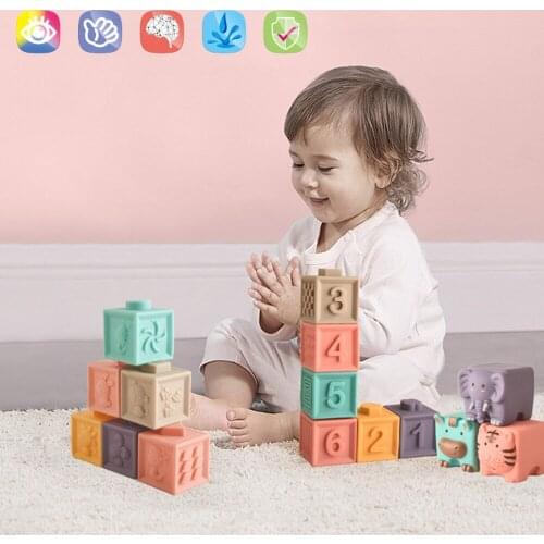 Baby Blocks Soft Rubber Building Blocks Cute Cartoon Animals for 0-3years Infant Kids Safe Teething Chewing Baby Toys Squeeze
