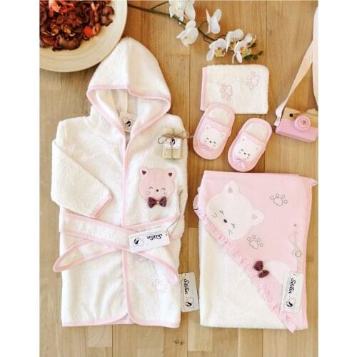 Baby Girl Pink Sleeping Cat Bathrobe Defne Soap Towel Set0-3 Age Baby Bath Towel Baby Towel Newborn with Infant