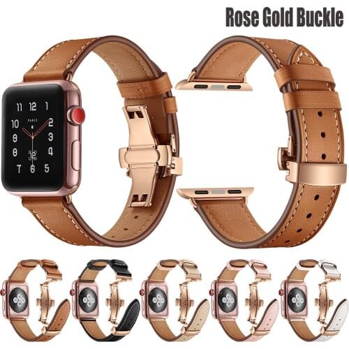 For Apple Watch Band Genuine Leather Rose Gold Butterfly Buckle Apple Watch 5 4 3 2 1 Strap