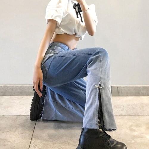 Womens Split Straight Leg Jeans Fashion High Waist Gradient Color Girls Ladies Chic Y2K Style Wild Daily Wear Denim Pants