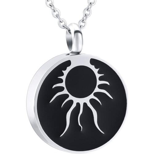 IJD3628 Shiny Sun Round Cremation Pendant Keepsake Necklace Stainless Steel Ashes Holder Urn Funeral for Men Memorial Jewelry