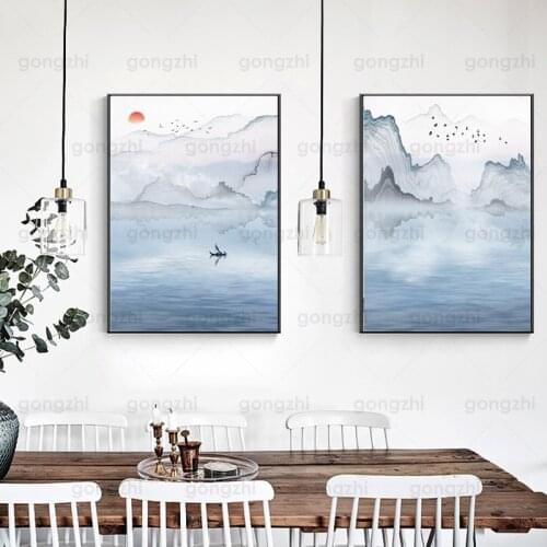 Chinese Shade Landscape Painting Mountain Watercolor Landscape Sunset Boat Reflection Wall Painting Canvas Printing Poster