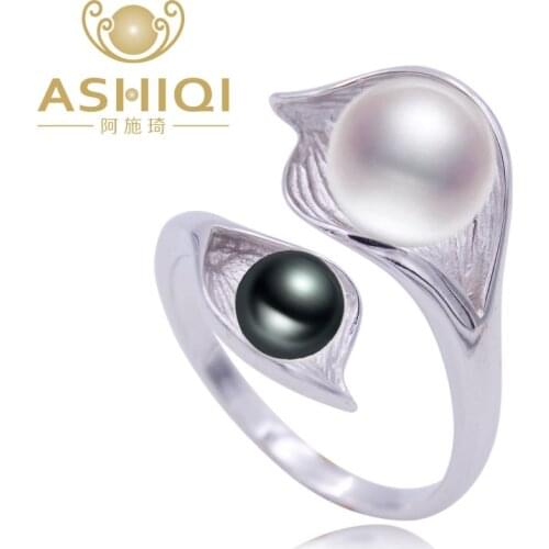 ASHIQI s925 sterling silver ring 7-8mm Natural freshwater Pearl jewelry for women LOVE Heart