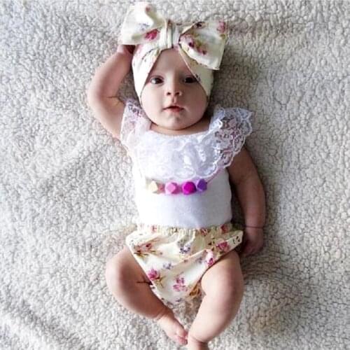 2017 Summer Baby Girls Rompers Infant Clothes Suits Cotton Newborn 3pcs Set T-shirt+Shorts+Headband Baby Girl Clothing Sets