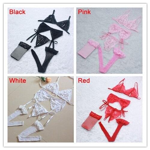1 Set Brief Sets Sexy Lace Open Crotch G-String + Bra + Net Socks + Sling Lingerie Set Cueca Underwear Women Bra