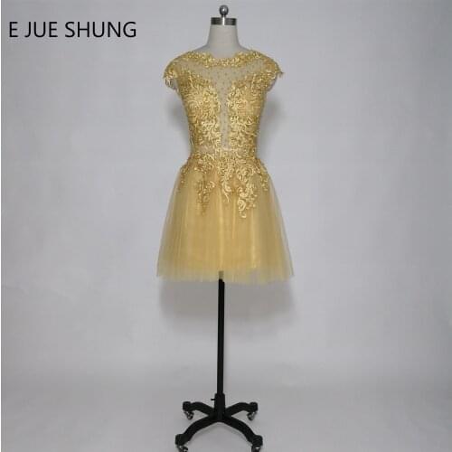 E JUE SHUNG Gold Vintage Lace Appliques Short Cocktail Dresses 2017 Pearls Short Prom Party Dresses robe de cocktail