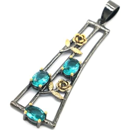 44x26mm Sublime Antique Long Big 21g Created Aquamarine Gift For Man Black Gold Silver Pendant