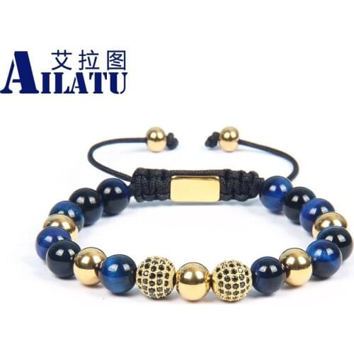 Fashion Black Cz Braiding Bracelet Men Gift Natural Blue Tiger Eye Stone Jewelry Stainless Steel Logo Beads Drop Shipping Gift