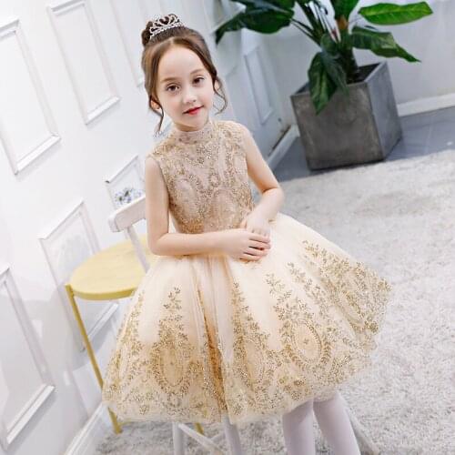 Fashionable Glizt Flower Girl Dress for Weddings Kids Gold Wire Party Princess Birthday First Holy Communion christmas dress