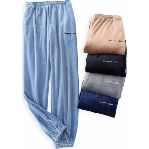 90-100kg Plus Size Mens Pajamas Pants Winter Thick Velvet Flannel Sleepwear Trousers Elastic Waist Homewear Pants Tighten Foot