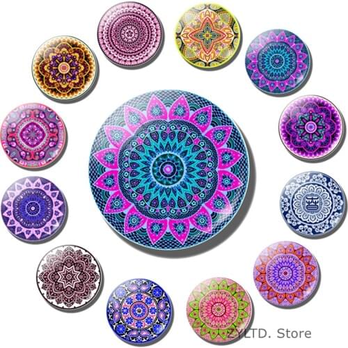 Datura Flower Fridge Magnet 12PCS 30MM Set Glass Cabochon Mandala Flowers Refrigerator Magnets Refrigerator Decoration Sticker