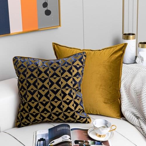 DUNXDECO Art Gold Blue Cushion Cover Decorative Pillow Case Modern Luxury Geometric Jacquard Soft Velvet Sofa Chair Coussin