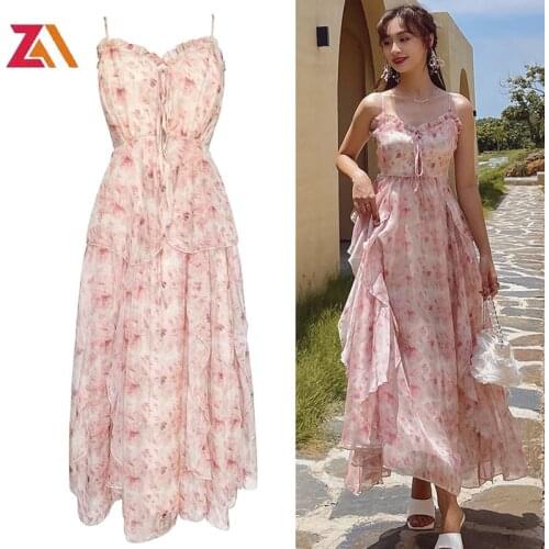 ZALady sexy spaghetti strap maxi dresses for women floral ruffles sweet holiday beach chic party wedding summer dress vestidos