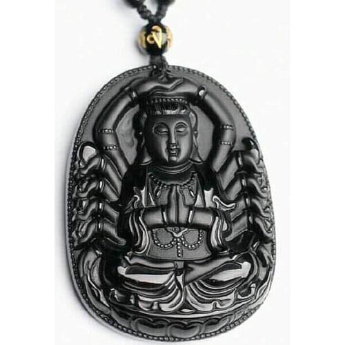 Natural Obsidian Patron saint pendant black crystal Avalokitesvara pendant Necklace Gift For Men fine Jade pendant jewelry