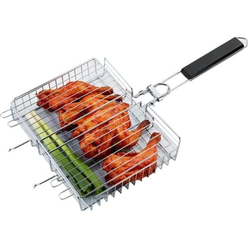 Outdoor Adjustable Grilling Basket Portable Stainless Steel BBQ Grill Basket With Wooden Handle For Camping Barbecue Hiking