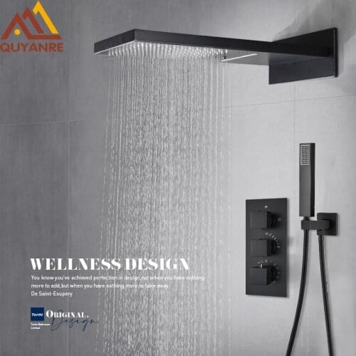 Quyanre Black Thermostatic Shower Faucets Set Rain Waterfall Shower Head With 3-way Thermostatic Mixer Tap Bath Shower Faucet