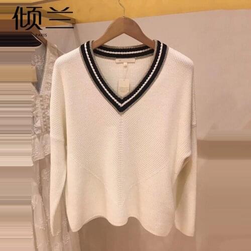 Patads light luxury French minority sweater spring and summer college stripe piping V-neck T-shirt