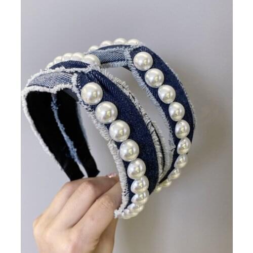 Denim Zipper Pearl Cross Knotted Headbands For Women Hair Accessories For Girls Hair Bows Flower Crown Hairbands