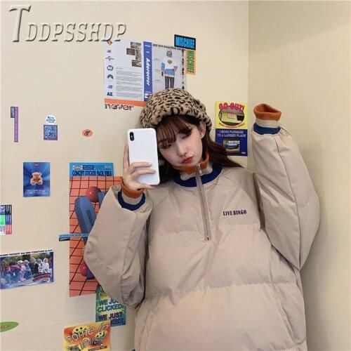 Harajuku Preppy Style Contrast Color Women Parkas Turtleneck Bread Style Female Coat