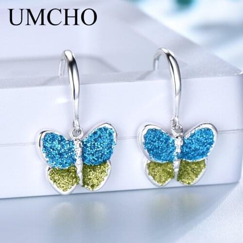 UMCHO Sequins 925 Sterling Silver Butterfly Drop Earrings for Women Party Fine Jewelry Gifts