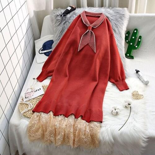 Lace patchwork knitted women dresses 2020 winter new lantern sleeved solid straight knee-length casual all match female dresses